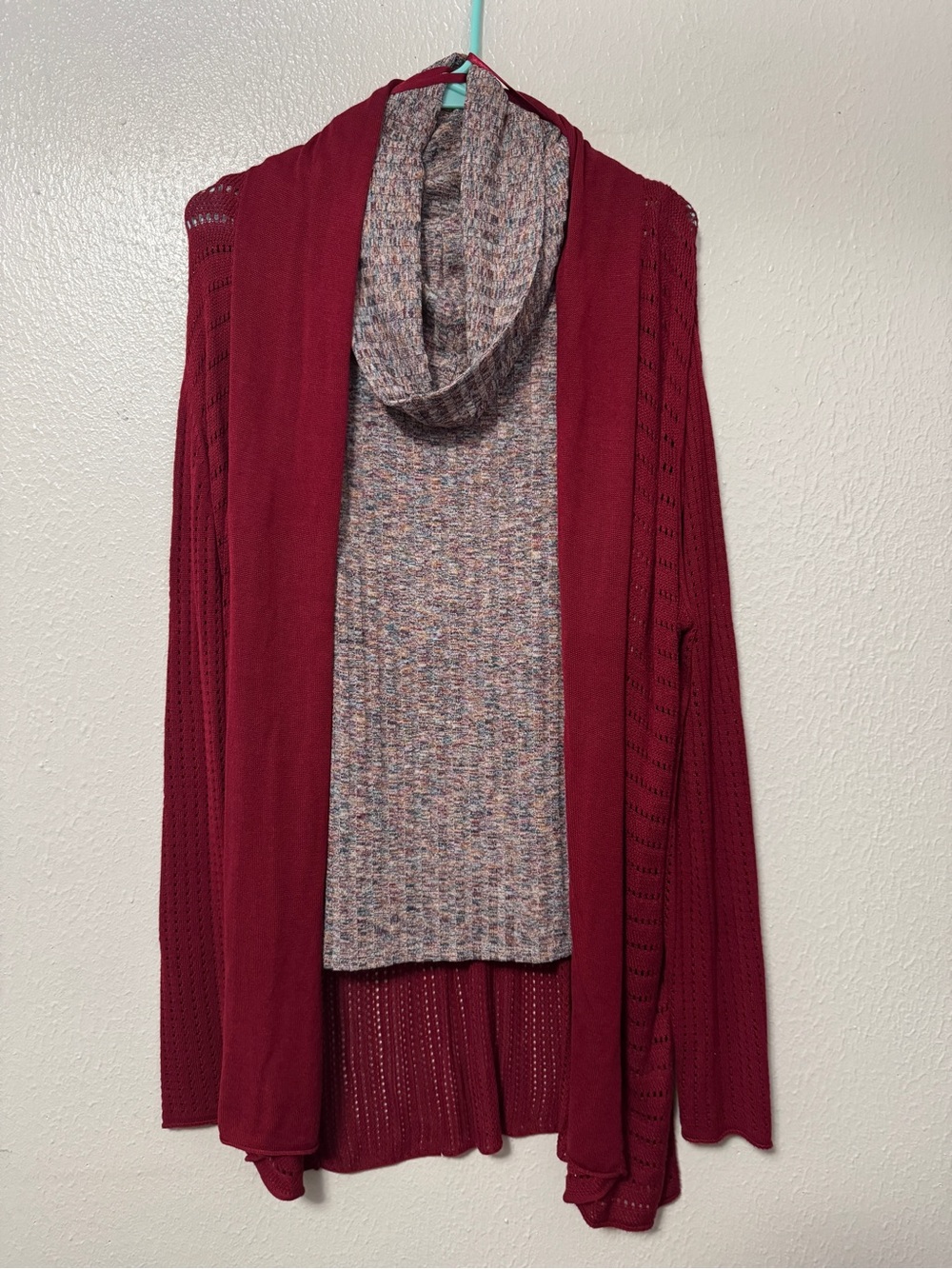 Cato Burgundy Open-Front Cardigan with Multicolor Cowl Tank Sweater